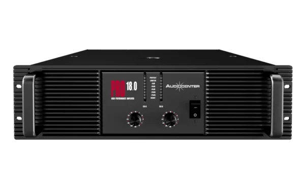 Audiocenter PRO 18.0 front panel of high-power amplifier Rear view of Audiocenter PRO 18.0 showing professional audio connections Audiocenter PRO 18.0 amplifier installed in a touring rack Close-up of Audiocenter PRO 18.0 indicators and controls Side profile of Audiocenter PRO 18.0 professional amplifier chassis